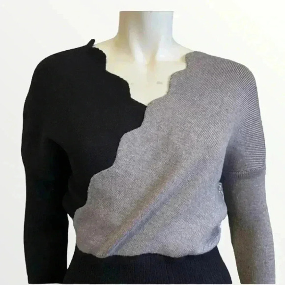 Sweater dress COLOR BLOCK ribbed knit faux wrap bodycon black gray women medium - Picture 8 of 16